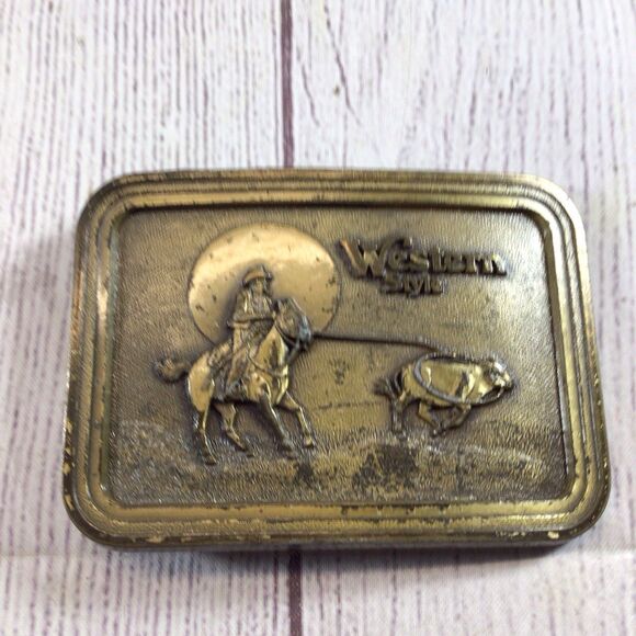Vintage Brass Western Style Belt Buckle Cowboy on horse roping calf cow Rodeo - Picture 1 of 9